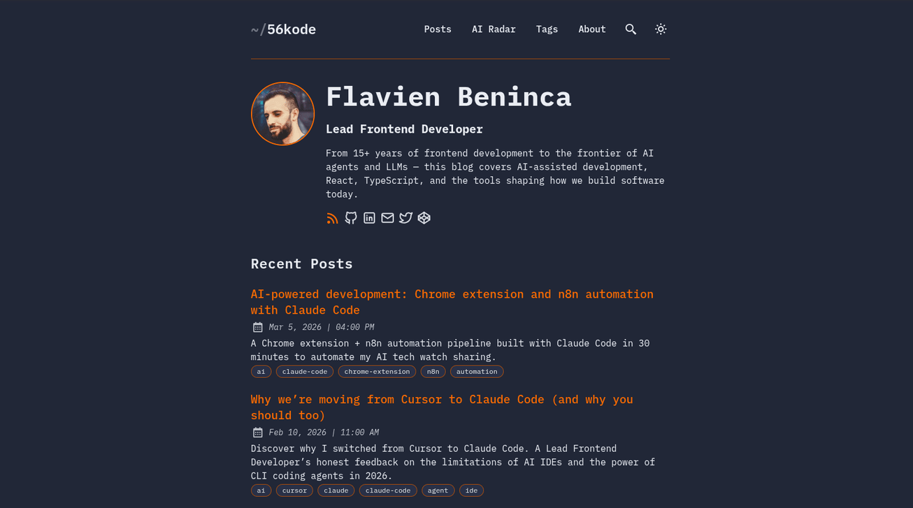 The old version of 56kode: the AstroPaper theme, dark navy background, orange accent, round avatar and monospace headings.